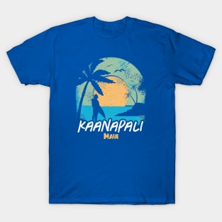 Retro Sunset Kaanapali Beach Maui Hawaii Surfing // Retro Surfer Beach T-Shirt
